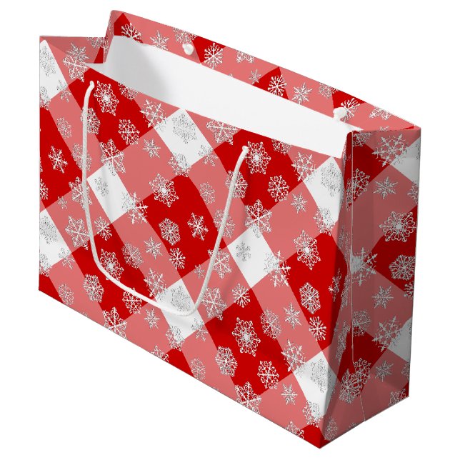 Red and White Buffalo Plaid with Snowflakes Large Gift Bag (Front Angled)