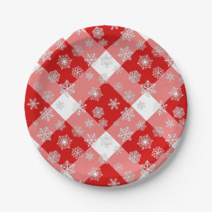 Red and White Buffalo Plaid with Snowflakes Paper Plate