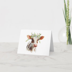 Red and White Calf with Flowers on Head BLANK  Card