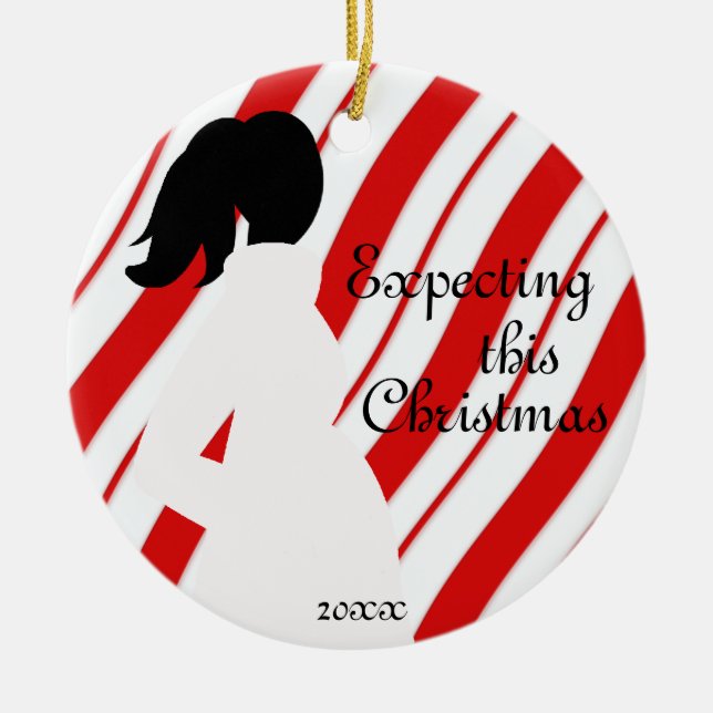 Red and White Candy Cane Pregnancy Ornament (Front)