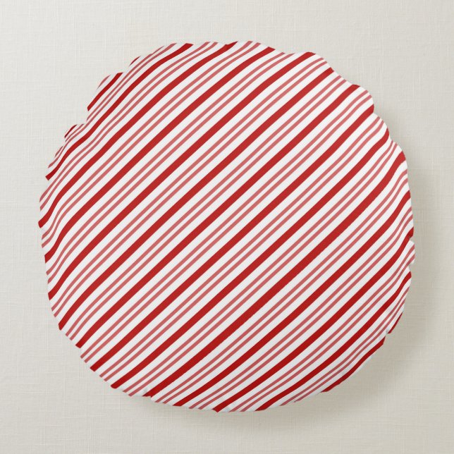 Red and White Candy Cane Stripes, Bright Holiday Round Cushion (Front)