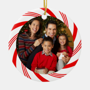 Red and White Candy Cane Swirl Photo Ceramic Tree Decoration