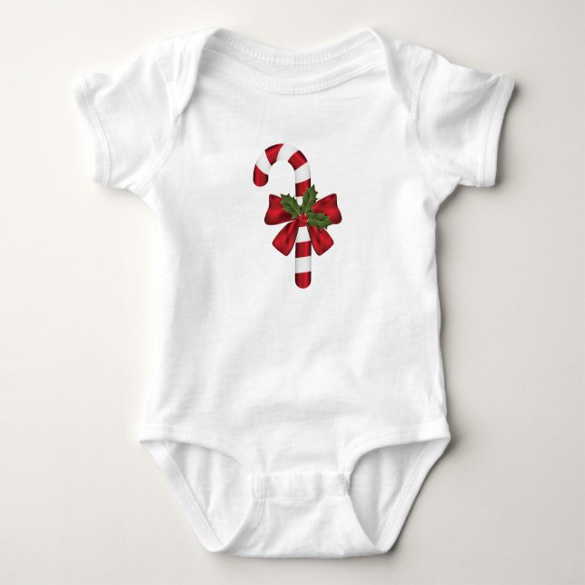 Red And White Candy Cane With A Bow And Holly Baby Bodysuit (Front)