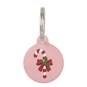 Red And White Candy Cane With A Bow And Holly Pet Tag