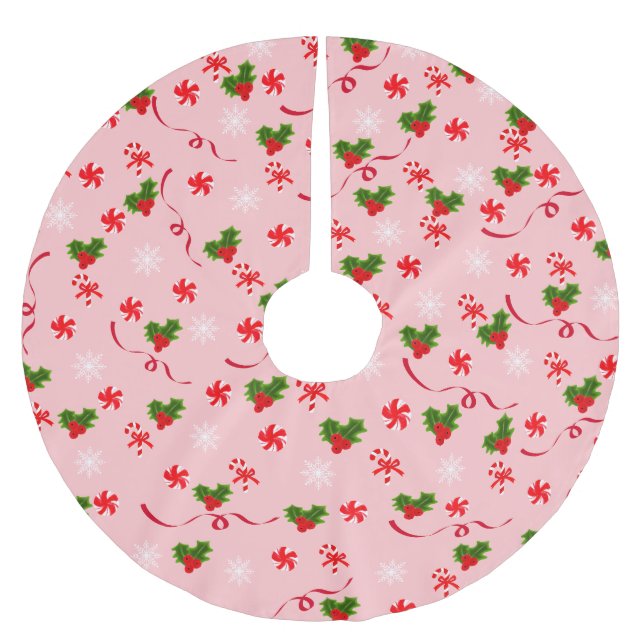 Red and White Candy Canes Red and Green Berries Brushed Polyester Tree Skirt (Front)