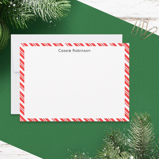 Red and White Candy Striped Christmas Card (A personalized festive note card with red and white border in a diagonal candy stripe pattern)