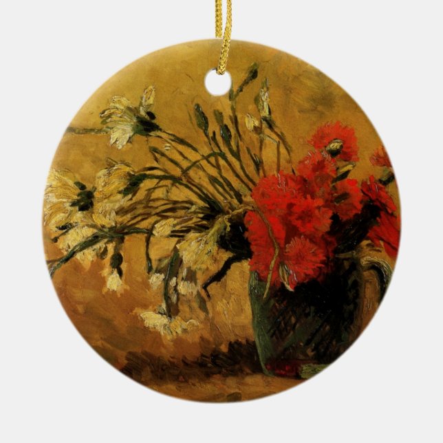 Red And White Carnations by Vincent van Gogh Ceramic Tree Decoration (Front)