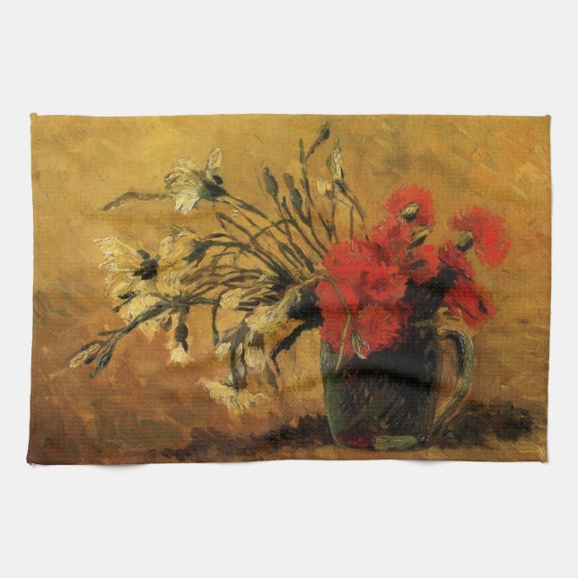 Red And White Carnations by Vincent van Gogh Tea Towel (Horizontal)