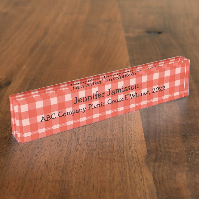 Red and White Checked Acrylic Nameplate (Side)