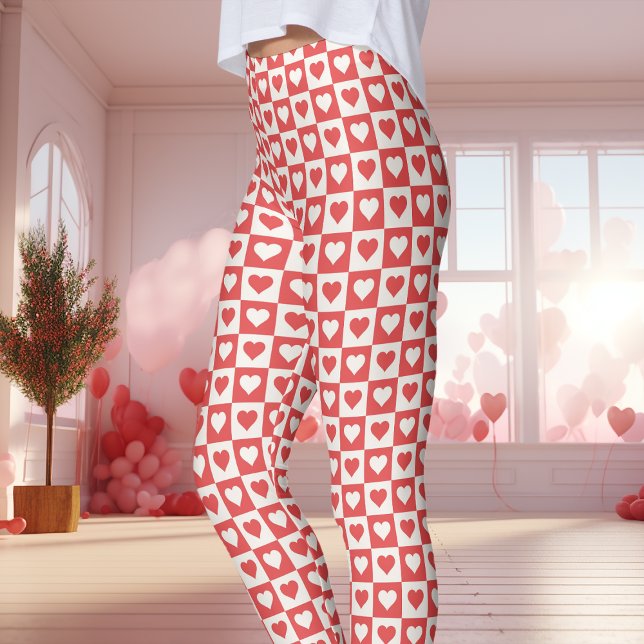 Red and White Chequerboard Heart Valentine's Day  Leggings (Creator Uploaded)