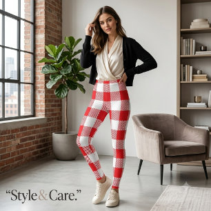 Red and White Chequered Leggings for Women