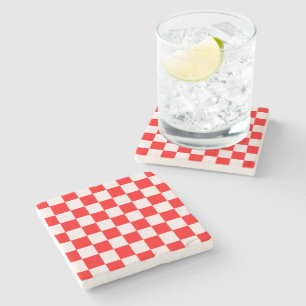Red and White Chequered Pattern  Stone Coaster