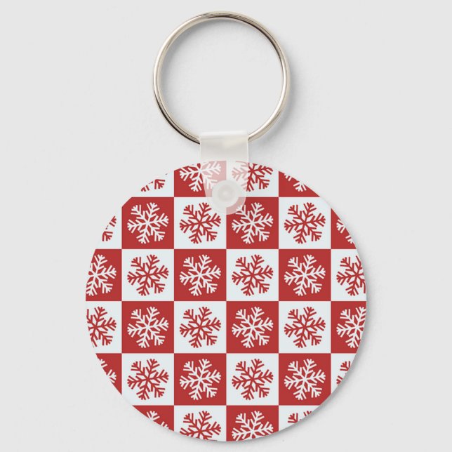 Red and White Chequered Snowflakes Key Ring (Front)