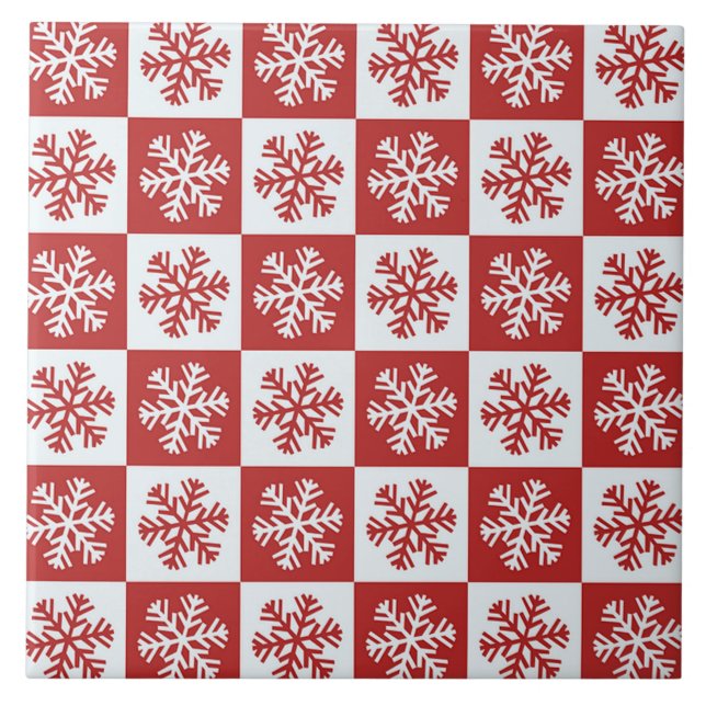 Red and White Chequered Snowflakes Tile (Front)
