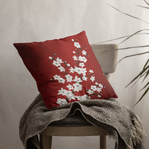 Red And White Cherry Blossom Floral Oriental Cushion