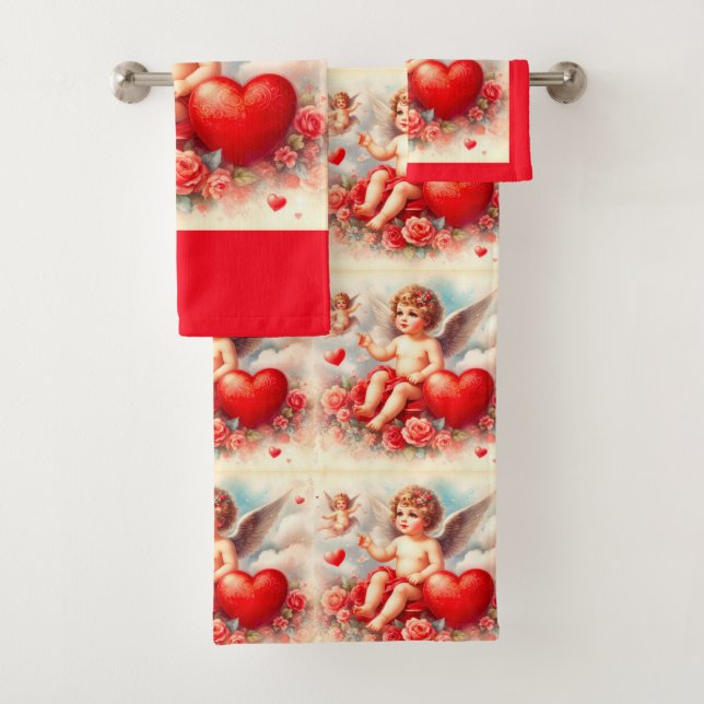 Red and White Cherub Angels  Bath Towel Set (Insitu)