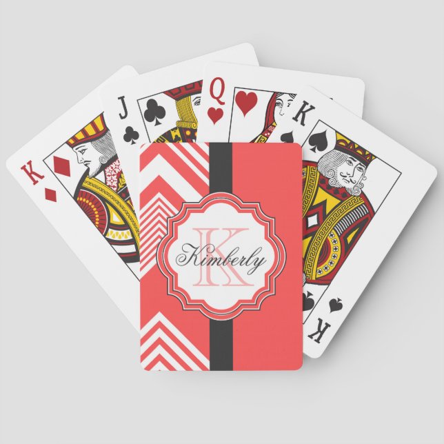 Red and White Chevron Monogram Playing Cards (Back)