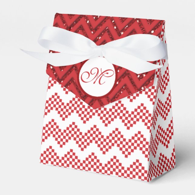 Red And White Chevron Wedding Favour Monogram Gift Box (Front Side)