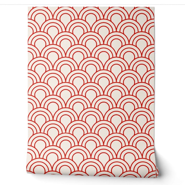 Red and White Chinese Scalloped Wave Wallpaper (Unrolling)