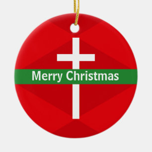 Red and White Christian Cross Merry Christmas Ceramic Tree Decoration