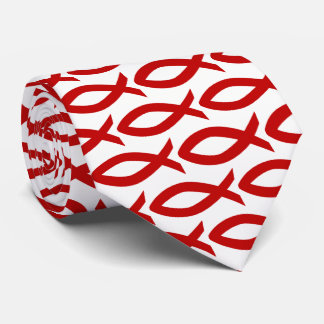 Red and White Christian Fish Symbol Necktie