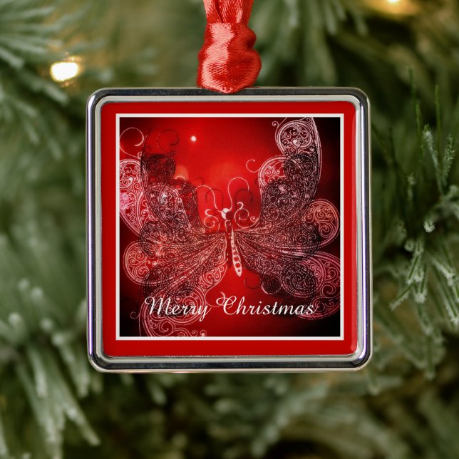 Red and white Christmas butterfly Metal Ornament (Tree)