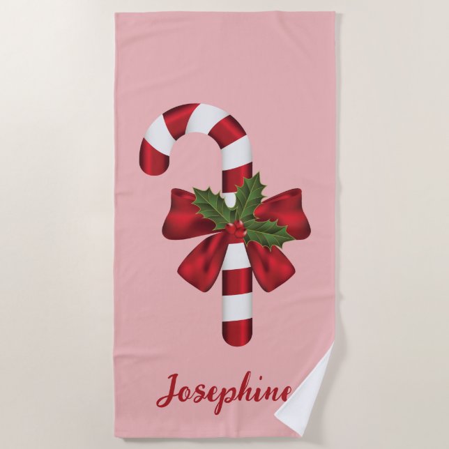 Red And White Christmas Candy Cane And Custom Name Beach Towel (Front)