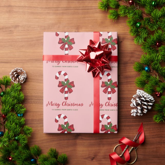 Red And White Christmas Candy Cane And Custom Text Wrapping Paper (Holiday Gift)