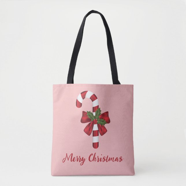 Red And White Christmas Candy Cane And Text Tote Bag (Front)