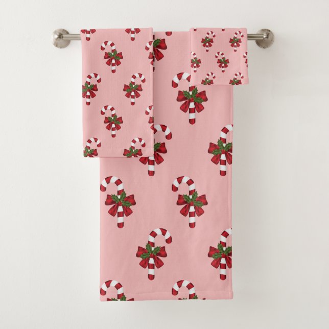 Red And White Christmas Candy Cane Pattern On Pink Bath Towel Set (Insitu)