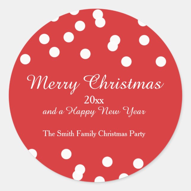 Red and White Christmas Confetti Greetings Classic Round Sticker (Front)