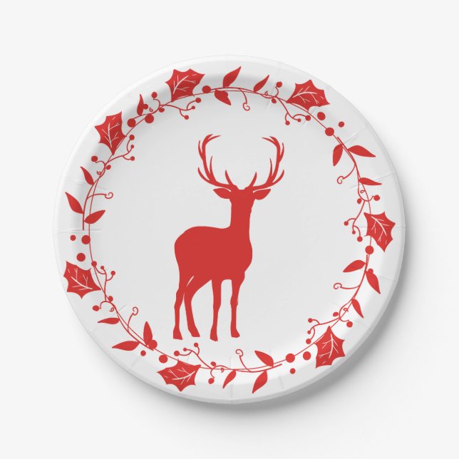 Red and White Christmas Deer Paper Plate (Front)