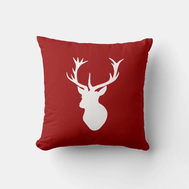 Red and White Christmas Deer Stag Head Cushion (Front)