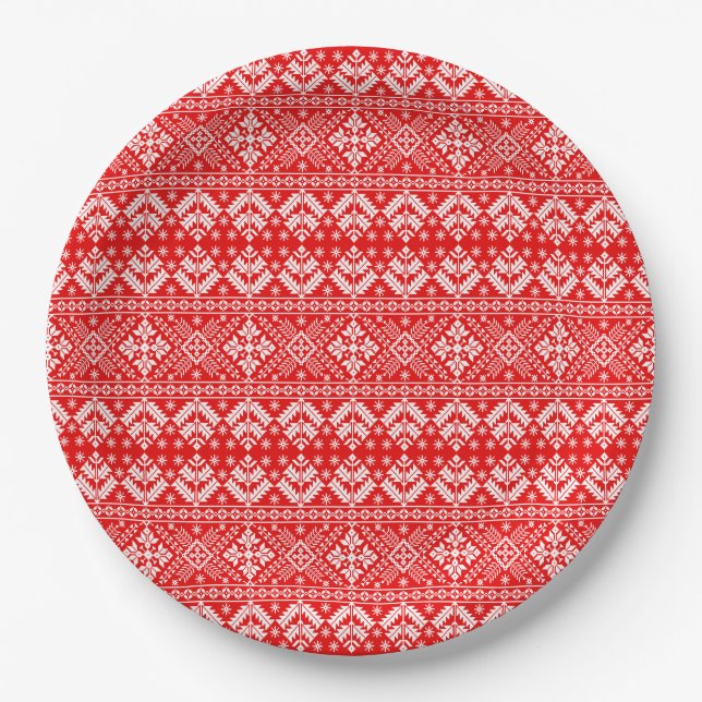 Red and White Christmas Fair Isle Pattern Paper Plate (Front)