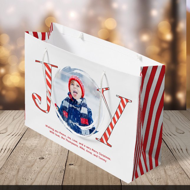 Red and White Christmas Joy Custom Large Gift Bag (Christmas Joy Typography Photo Large Gift Bag. With red and white candy cane stripes.)