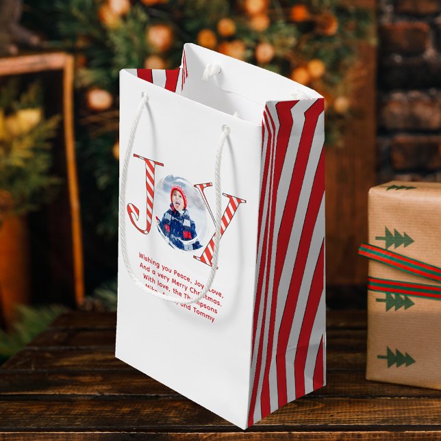 Red and White Christmas Joy Personalised  Small Gift Bag (Red and white striped holiday joy typography small gift bag.)
