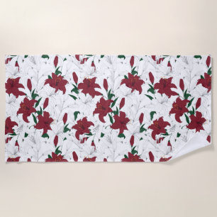 Red and White Christmas Lilies Beach Towel