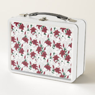 Red and White Christmas Lilies Metal Lunch Box