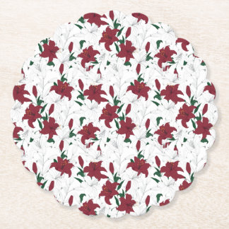 Red and White Christmas Lilies Paper Coaster