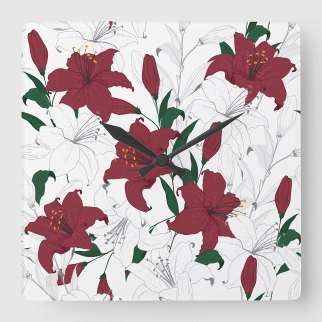 Red and White Christmas Lilies Square Wall Clock (Front)