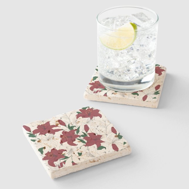 Red and White Christmas Lilies Stone Coaster (Side)