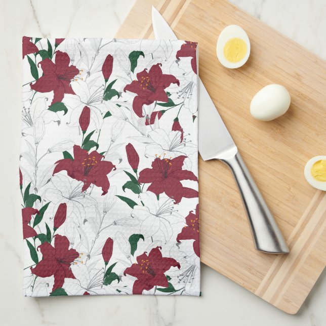 Red and White Christmas Lilies Tea Towel (Quarter Fold)