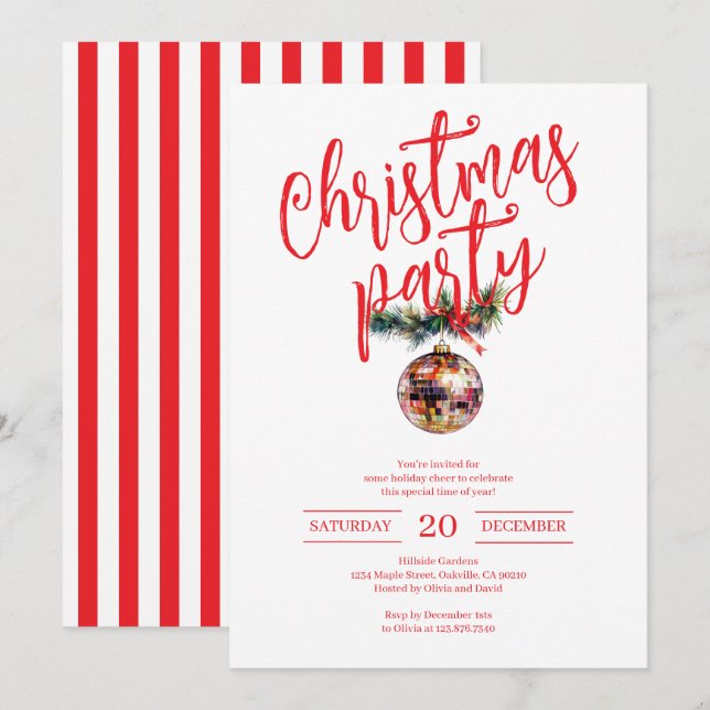 Red and White Christmas Party Disco Ball Invitation (Front/Back)
