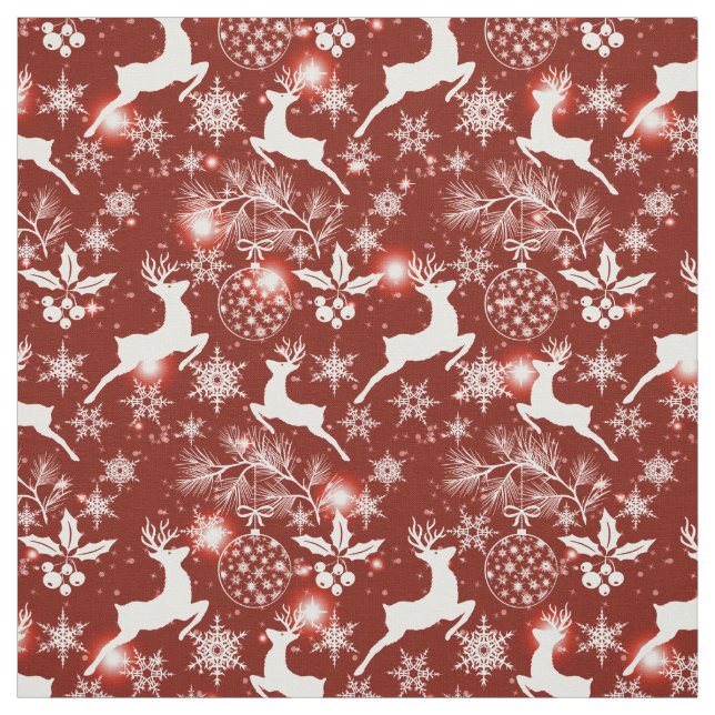 Red and white Christmas pattern with reindeer, sno Fabric (Swatch)