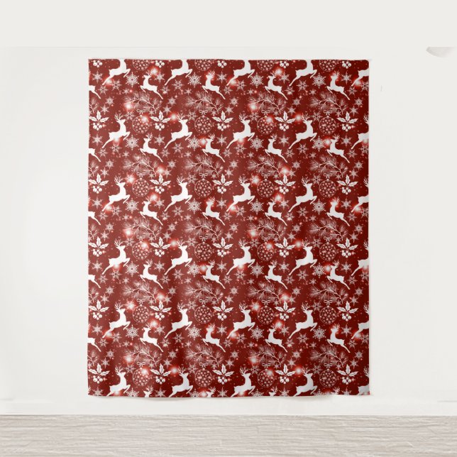 Red and white Christmas pattern with reindeer Tapestry (Front)