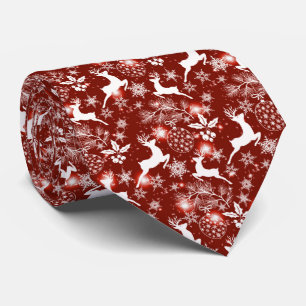 Red and white Christmas pattern with reindeer Tie