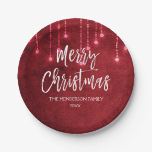 Red and White Christmas Script Holiday Paper Plate