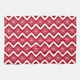 Red and White Christmas Snowflakes Chevron Pattern Tea Towel