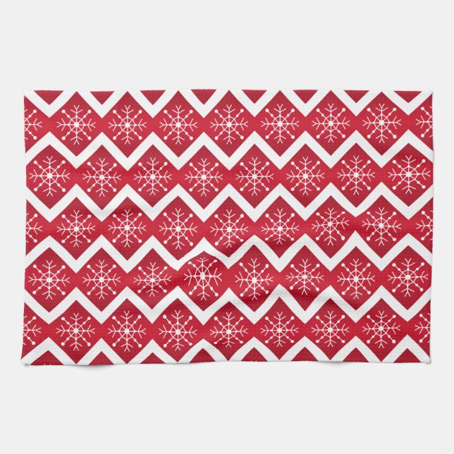 Red and White Christmas Snowflakes Chevron Pattern Tea Towel (Horizontal)
