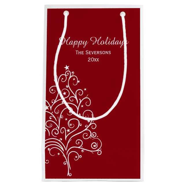 Red and White Christmas Tree Happy Holidays Small Gift Bag (Front)